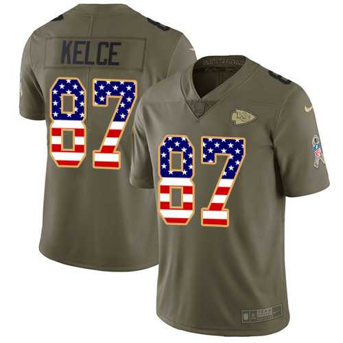 Youth Nike Kansas City Chiefs #87 Travis Kelce Olive USA Flag Stitched NFL Limited 2017 Salute to Service Jersey