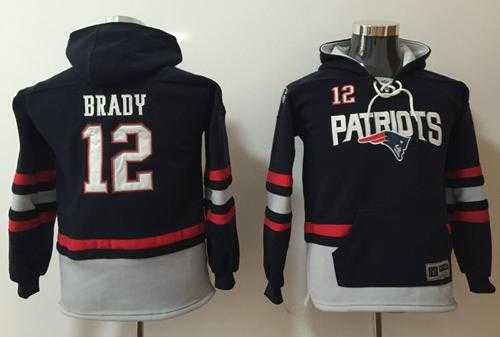 Youth Nike New England Patriots #12 Tom Brady Navy Blue Grey Name & Number Pullover NFL Hoodie