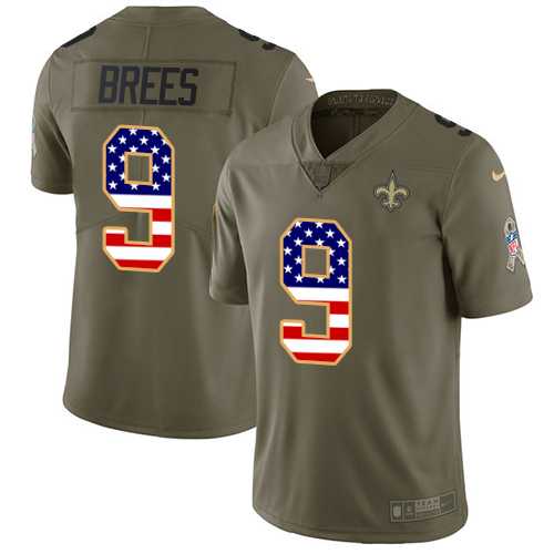 Youth Nike New Orleans Saints #9 Drew Brees Olive USA Flag Stitched NFL Limited 2017 Salute to Service Jersey