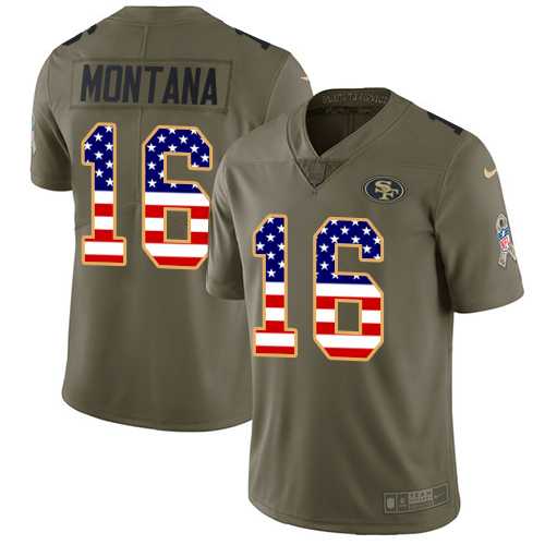 Youth Nike San Francisco 49ers #16 Joe Montana Olive USA Flag Stitched NFL Limited 2017 Salute to Service Jersey