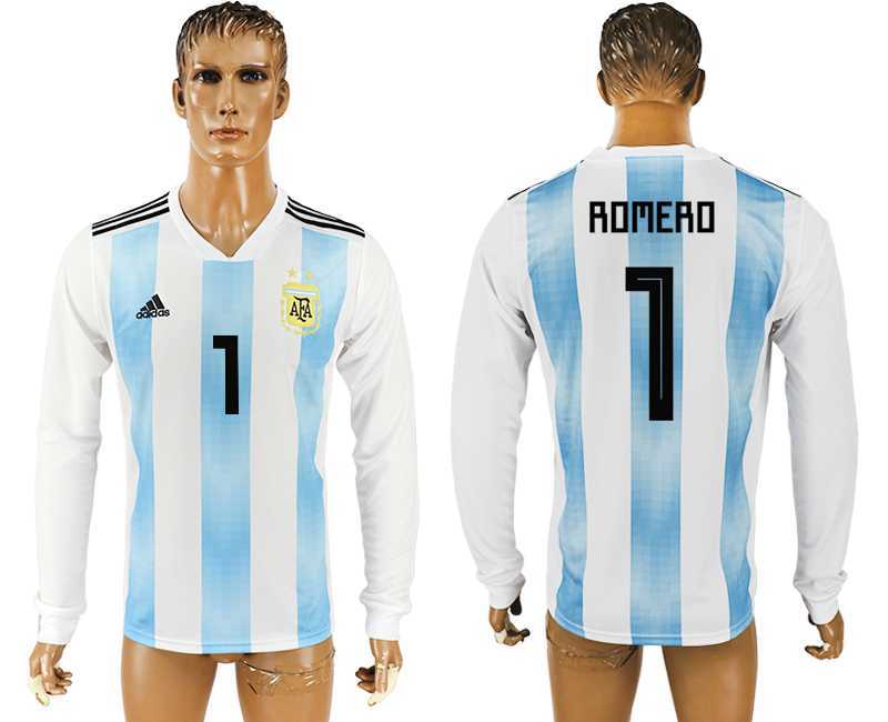 Argentina #1 ROMERO Home 2018 FIFA World Cup Long Sleeve Thailand Soccer Jersey