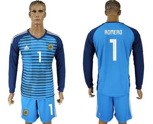Argentina #1 Romero Blue Long Sleeves Goalkeeper Soccer Country Jersey