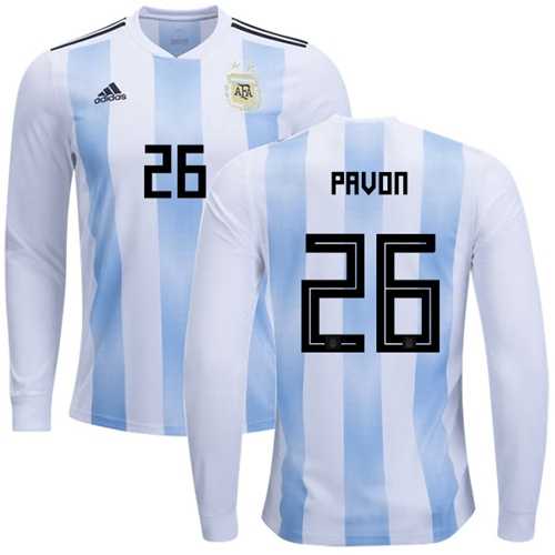 Argentina #26 Pavon Home Long Sleeves Soccer Country Jersey