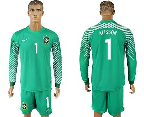 Brazil #1 Alisson Green Goalkeeper Long Sleeves Soccer Country Jersey