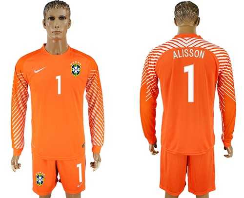 Brazil #1 Alisson Orange Goalkeeper Long Sleeves Soccer Country Jersey