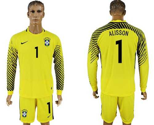 Brazil #1 Alisson Yellow Goalkeeper Long Sleeves Soccer Country Jersey