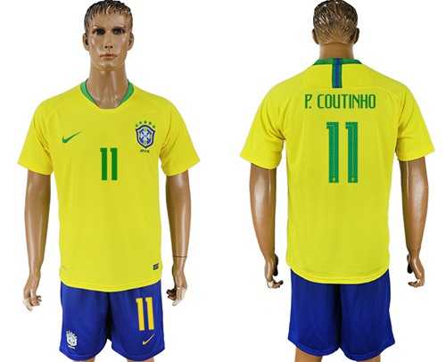 Brazil #11 P.Coutinho Home Soccer Country Jersey