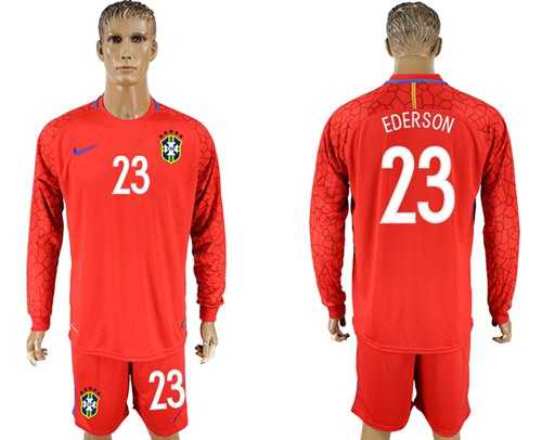 Brazil #23 Ederson Red Goalkeeper Long Sleeves Soccer Country Jersey