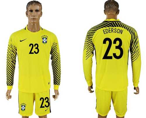 Brazil #23 Ederson Yellow Goalkeeper Long Sleeves Soccer Country Jersey