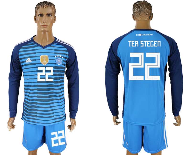 Germany #22 TER STEGEN Lake Blue Goalkeeper 2018 FIFA World Cup Long Sleeve Soccer Jersey