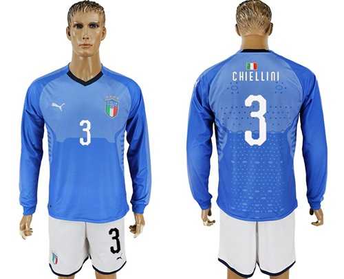 Italy #3 Chiellini Blue Home Long Sleeves Soccer Country Jersey