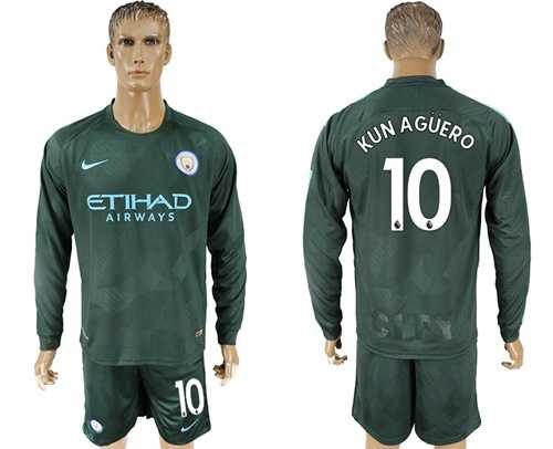 Manchester City #10 Kun Aguero Sec Away Long Sleeves Soccer Club Jersey