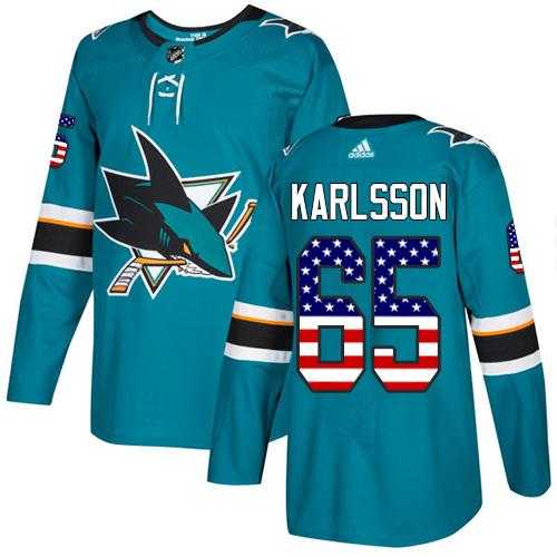 Men's Adidas San Jose Sharks #65 Erik Karlsson Teal Home Authentic USA Flag Stitched NHL Jersey