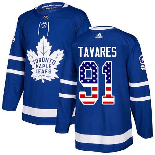 Men's Adidas Toronto Maple Leafs #91 John Tavares Blue Home Authentic USA Flag Stitched NHL Jersey