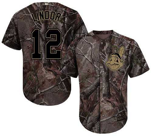 Men's Cleveland Indians #12 Francisco Lindor Camo Realtree Collection Cool Base Stitched MLB