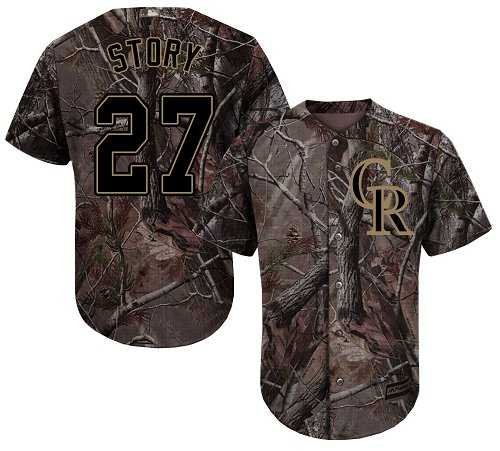 Men's Colorado Rockies #27 Trevor Story Camo Realtree Collection Cool Base Stitched MLB