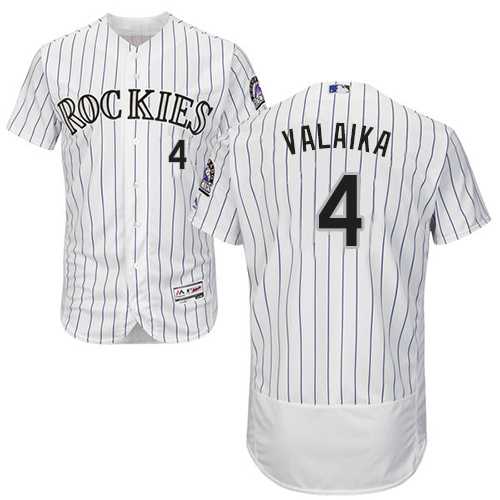 Men's Colorado Rockies #4 Pat Valaika White Strip Flexbase Authentic Collection Stitched MLB Jersey