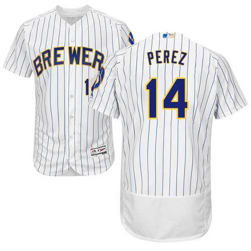 Men's Milwaukee Brewers #14 Hernan Perez White Strip Flexbase Authentic Collection Stitched MLB Jersey