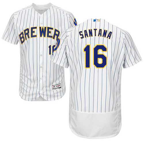 Men's Milwaukee Brewers #16 Domingo Santana White Strip Flexbase Authentic Collection Stitched MLB Jersey