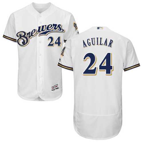 Men's Milwaukee Brewers #24 Jesus Aguilar White Flexbase Authentic Collection Stitched MLB