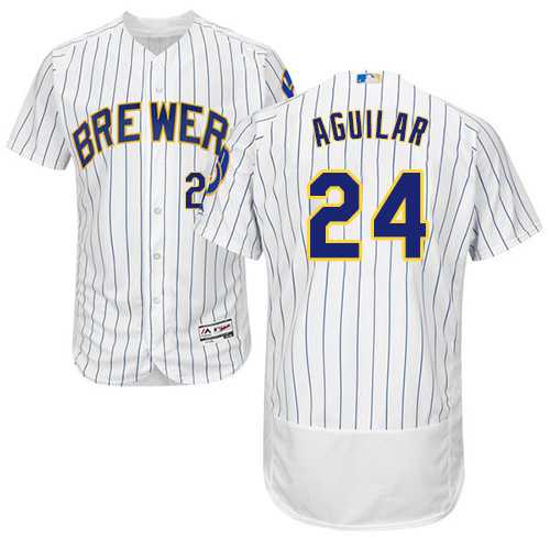 Men's Milwaukee Brewers #24 Jesus Aguilar White Strip Flexbase Authentic Collection Stitched MLB
