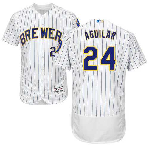 Men's Milwaukee Brewers #24 Jesus Aguilar White Strip Flexbase Authentic Collection Stitched MLB