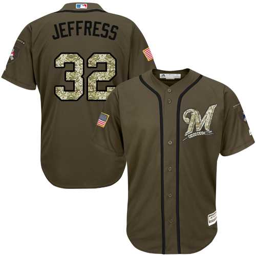 Men's Milwaukee Brewers #32 Jeremy Jeffress Green Salute to Service Stitched MLB