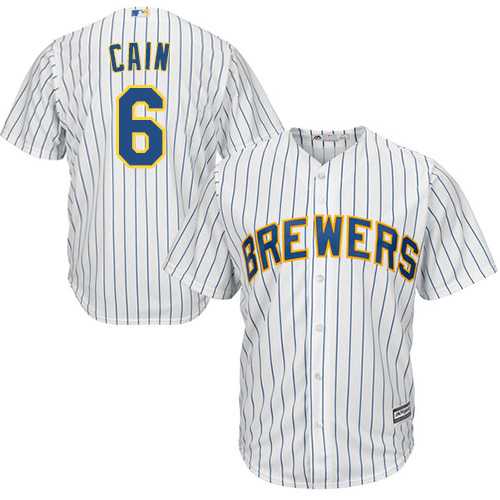 Men's Milwaukee Brewers #6 Lorenzo Cain White(Blue Strip) New Cool Base Stitched MLB