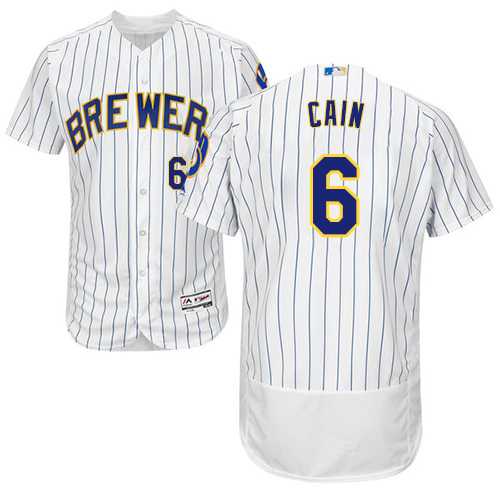 Men's Milwaukee Brewers #6 Lorenzo Cain White Strip Flexbase Authentic Collection Stitched MLB