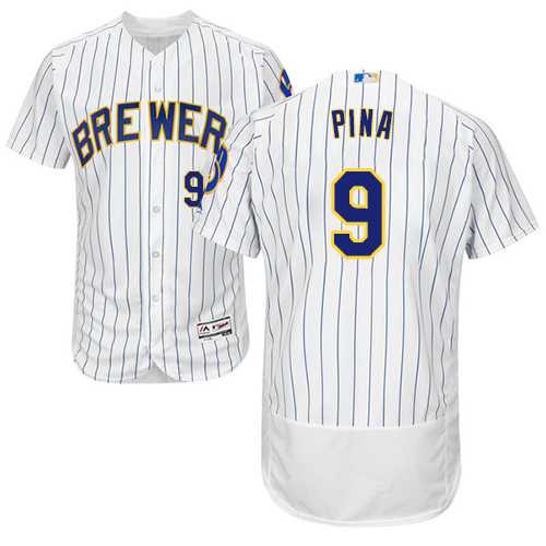Men's Milwaukee Brewers #9 Manny Pina White Strip Flexbase Authentic Collection Stitched MLB Jersey