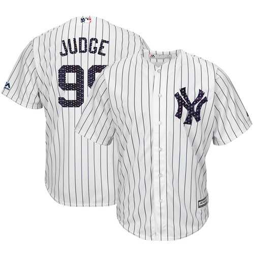 Men's New York Yankees #99 Aaron Judge White Strip New Cool Base 2018 Stars & Stripes Stitched MLB