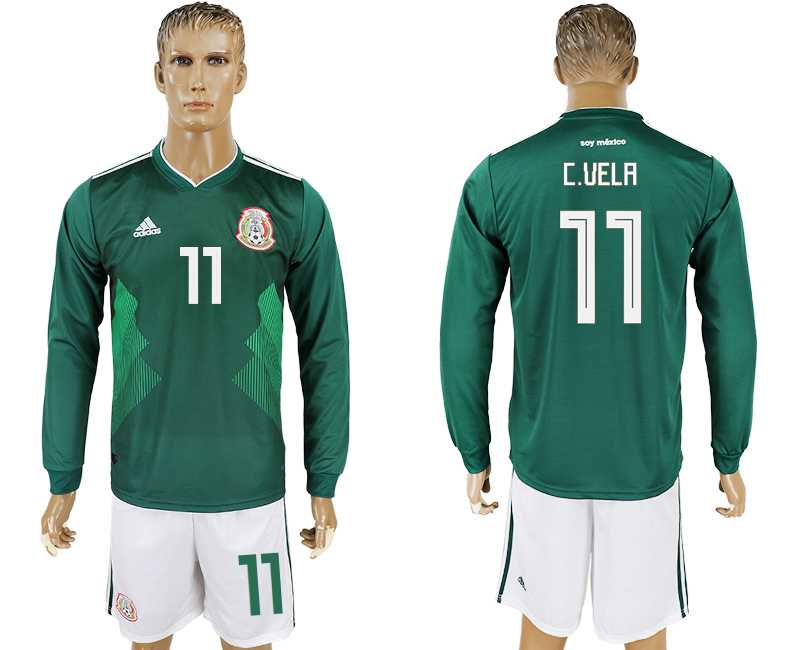 Mexico #11 C.VELA Home 2018 FIFA World Cup Long Sleeve Soccer Jersey