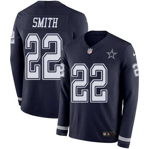 Nike Dallas Cowboys #22 Emmitt Smith Navy Blue Team Color Men's Stitched NFL Limited Therma Long Sleeve Jersey