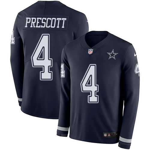 Nike Dallas Cowboys #4 Dak Prescott Navy Blue Team Color Men's Stitched NFL Limited Therma Long Sleeve Jersey