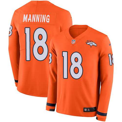 Nike Denver Broncos #18 Peyton Manning Orange Team Color Men's Stitched NFL Limited Therma Long Sleeve Jersey