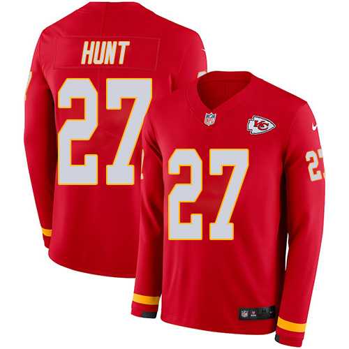 Nike Kansas City Chiefs #27 Kareem Hunt Red Team Color Men's Stitched NFL Limited Therma Long Sleeve Jersey
