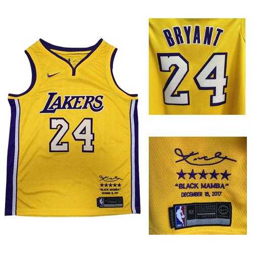 Nike Los Angeles Lakers #24 Kobe Bryant Gold NBA Swingman Black Mamba December 18. 2017 Jersey Nike Los Angeles Lakers #24 Kobe Bryant Gold NBA Swingman Black Mamba December 18. 2017 Jersey