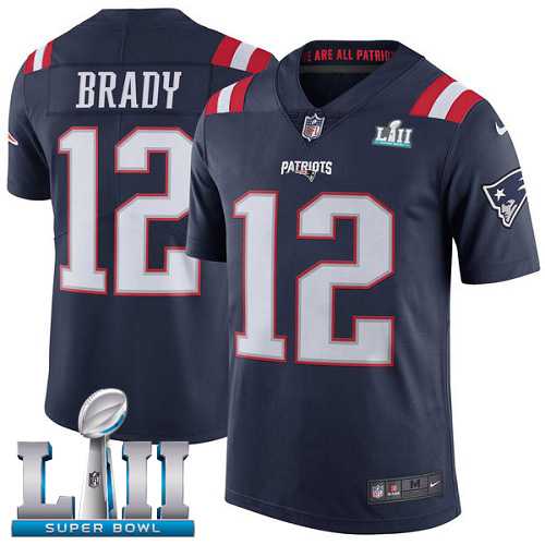 Nike New England Patriots #12 Tom Brady Navy Blue Super Bowl LII Men's Stitched NFL Limited Rush Jersey