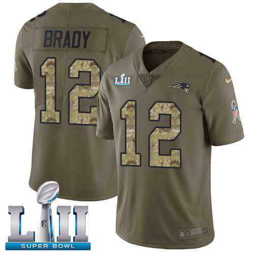 Nike New England Patriots #12 Tom Brady Olive Camo Super Bowl LII Men's Stitched NFL Limited 2017 Salute To Service Jersey