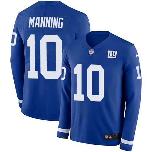 Nike New York Giants #10 Eli Manning Royal Blue Team Color Men's Stitched NFL Limited Therma Long Sleeve Jersey