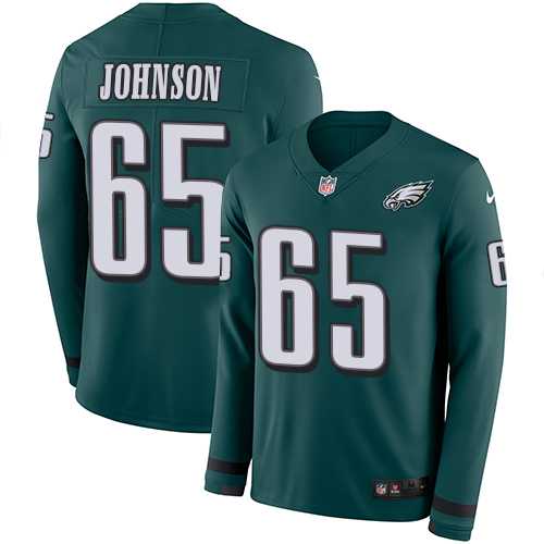 Nike Philadelphia Eagles #65 Lane Johnson Midnight Green Team Color Men's Stitched NFL Limited Therma Long Sleeve Jersey