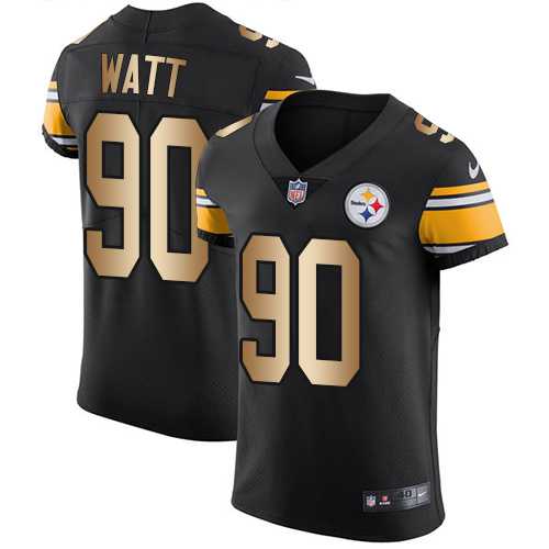 Nike Pittsburgh Steelers #90 T. J. Watt Black Team Color Men's Stitched NFL Elite Gold Jersey