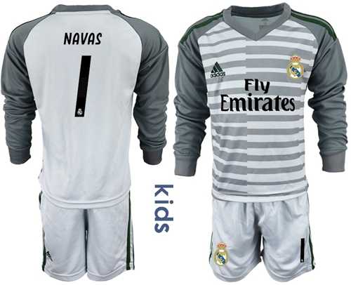 Real Madrid #1 Navas Grey Goalkeeper Long Sleeves Kid Soccer Club Jersey