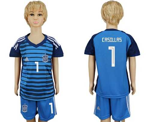 Spain #1 Casillas Blue Goalkeeper Kid Soccer Country Jersey