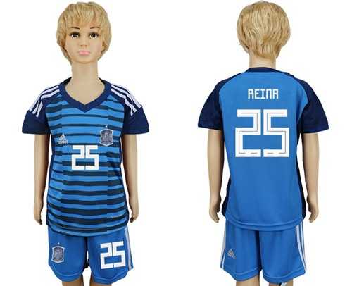 Spain #25 Reina Blue Goalkeeper Kid Soccer Country Jersey