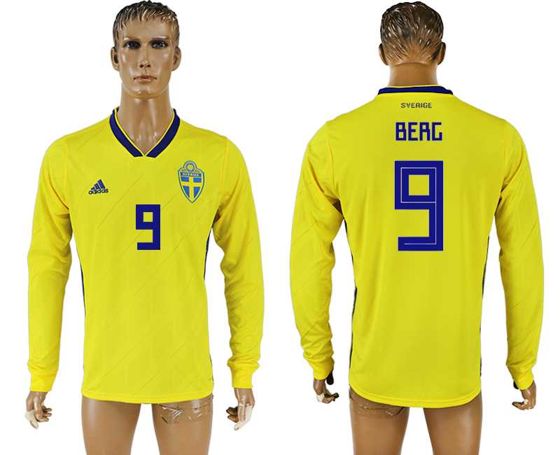 Sweden #9 BERG Home 2018 FIFA World Cup Long Sleeve Thailand Soccer Jersey