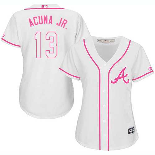 Women's Atlanta Braves #13 Ronald Acuna Jr. White Pink Fashion Stitched MLB Jersey