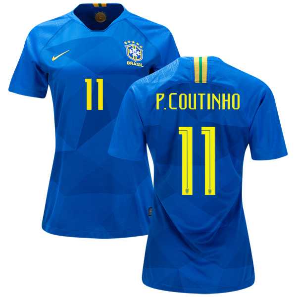 Women's Brazil #11 P.Coutinho Away Soccer Country Jersey
