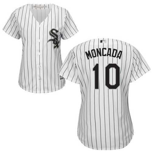 Women's Chicago White Sox #10 Yoan Moncada White(Black Strip) Home Stitched MLB
