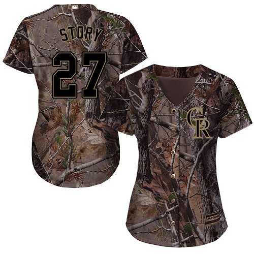 Women's Colorado Rockies #27 Trevor Story Camo Realtree Collection Cool Base Stitched MLB